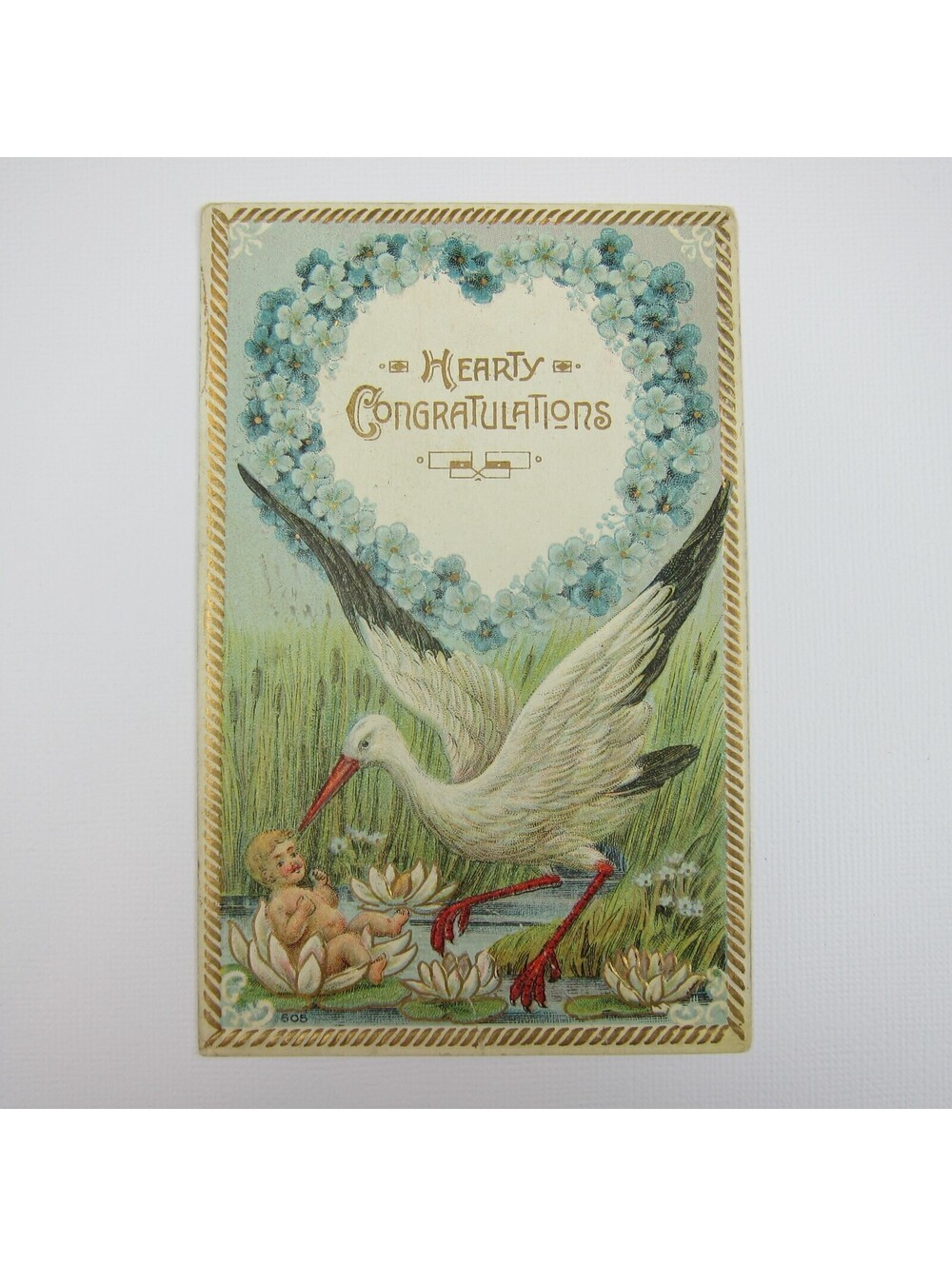Postcard Birth Announcement Blonde Baby Boy Lily Pad Stork Antique 1912 Embossed